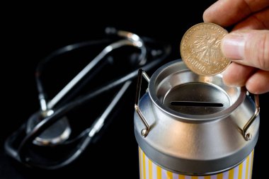 metal kumbara ve paralar. Tasarruf ve metal bir domuz b eklendi