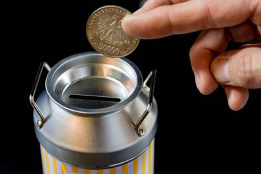 metal kumbara ve paralar. Tasarruf ve metal bir domuz b eklendi