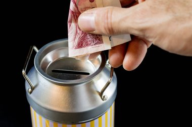 metal kumbara ve paralar. Tasarruf ve metal bir domuz b eklendi