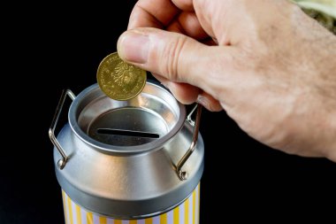 metal kumbara ve paralar. Tasarruf ve metal bir domuz b eklendi