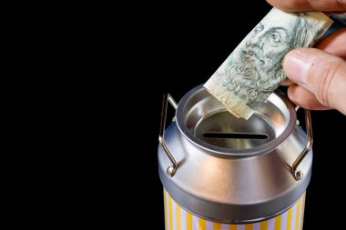 metal kumbara ve paralar. Tasarruf ve metal bir domuz b eklendi