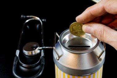 metal kumbara ve paralar. Tasarruf ve metal bir domuz b eklendi