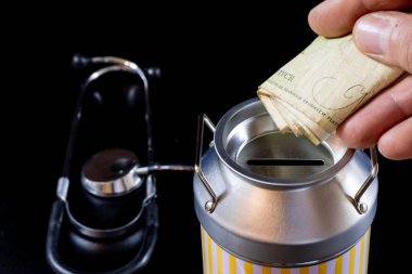 metal kumbara ve paralar. Tasarruf ve metal bir domuz b eklendi