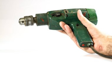 Atölye çalışması için araçları. Matkap, kıyma makinesi, kepçe ve tornavida. 