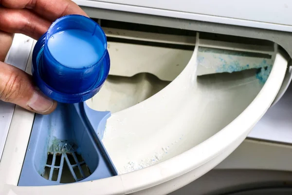 Washing machine for clothes and laundry detergent with rinsing l — Stock Photo, Image