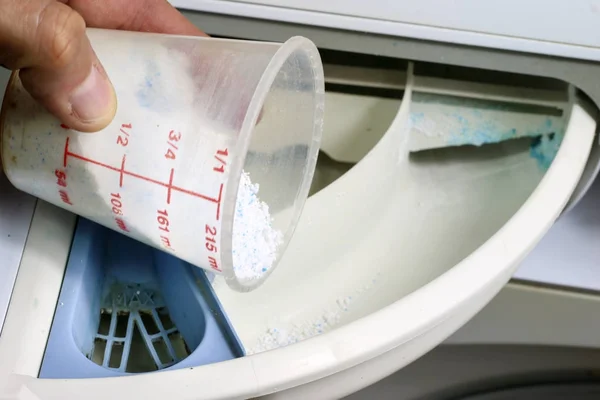 Washing machine for clothes and laundry detergent with rinsing l — Stock Photo, Image