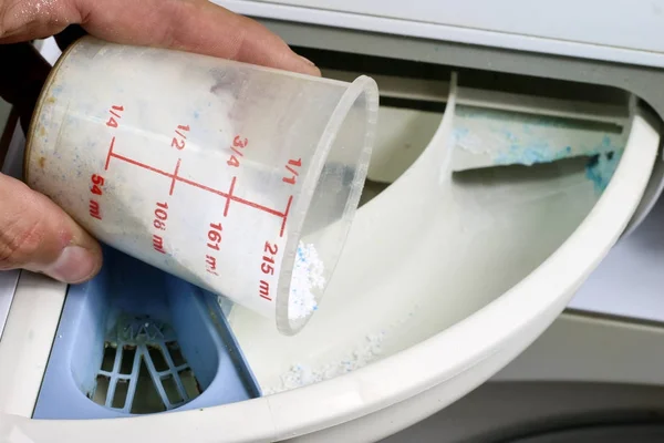 Washing machine for clothes and laundry detergent with rinsing l — Stock Photo, Image