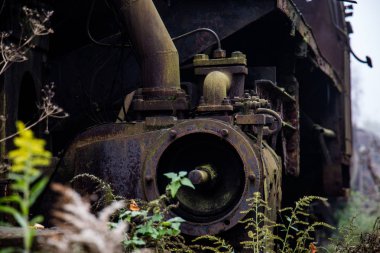 Eski paslı trenler. Parça, kirli eski tra ile dış cephe kaplaması terk edilmiş