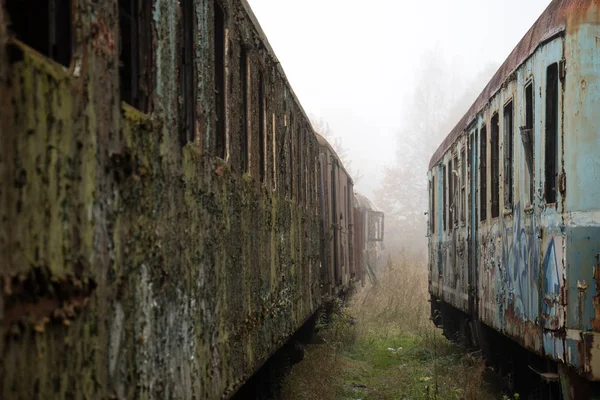 Oude roestige treinen. Oude verlaten spoor, siding met vuile oude tra — Stockfoto