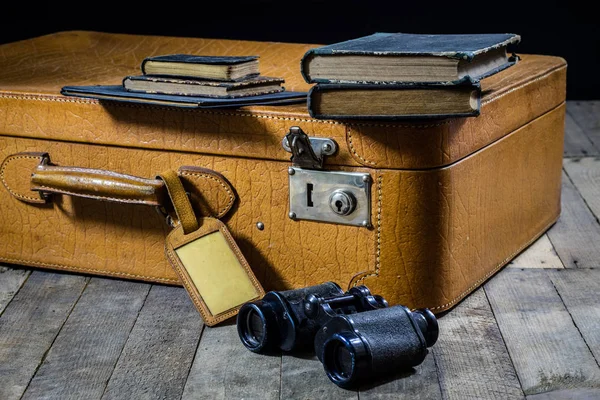 Old stylish suitcase. Old books in a suitcase. Suitcase on a woo — Stock Photo, Image
