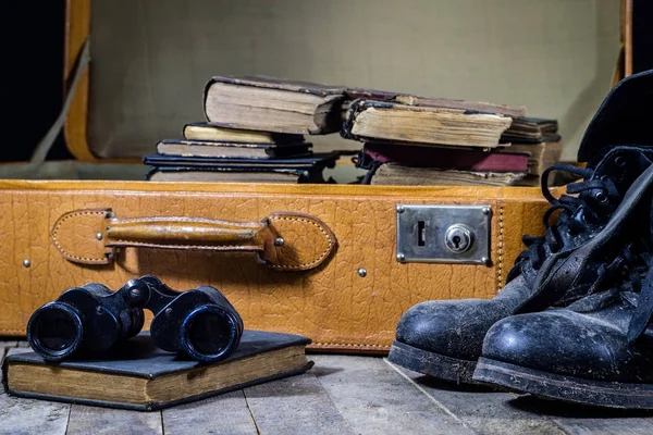 Old stylish suitcase. Old books in a suitcase. Suitcase on a woo — Stock Photo, Image