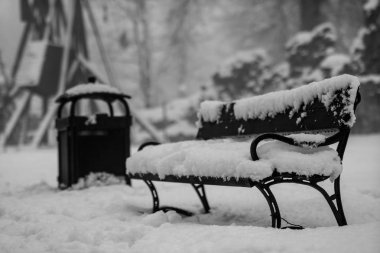 Karla kaplı bir Bank parkta. T tarafından karla kaplı bir Bank