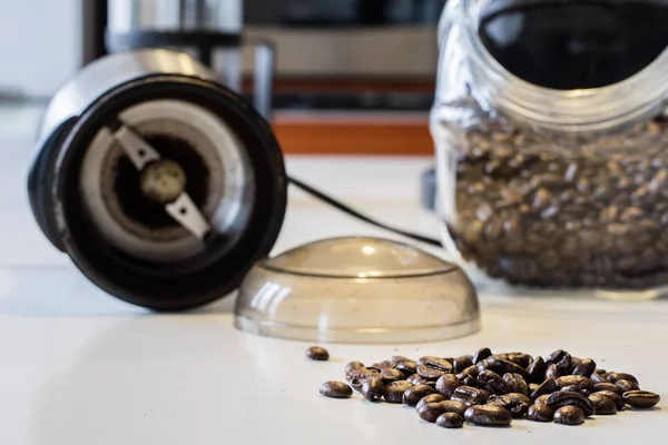 Morning coffee in the kitchen. Coffee grinder and coffee maker w