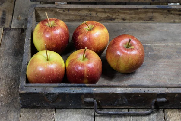 Große rote Äpfel in einer dunklen Holzkiste. Holzkiste und Äpfel auf — Stockfoto