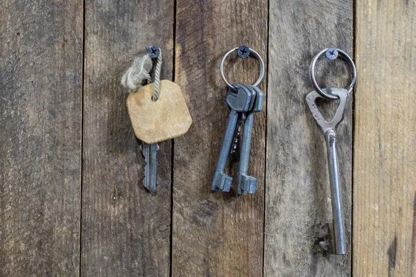 Chaves da porta da frente da casa. Vários acessórios necessários — Fotografia de Stock