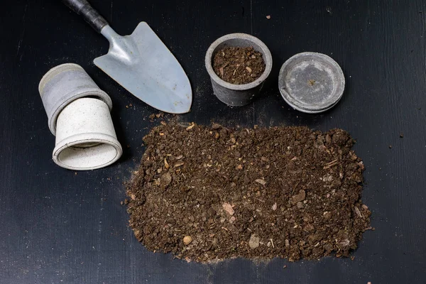 Terreno para flores, vaso de plantas e vaso de plantas durante o transplante — Fotografia de Stock