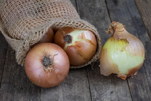 Leckere reife Zwiebeln in einem Jutesack. Gemüse ausgehöhlt in der — Stockfoto