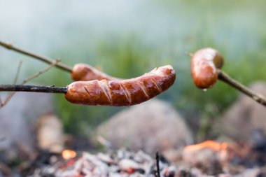Kamp ateşi üzerinde hazırlanan lezzetli sosis. Hazırlanan bir tatil yemek 