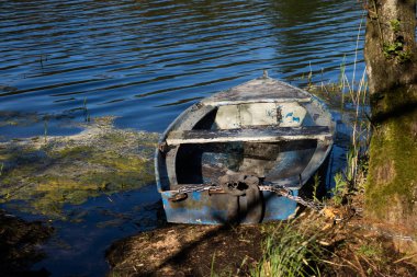 Bir balıkçı teknesi göl kıyıya demirlemiş. Eski balıkçı 