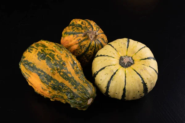 Zucca decorativa variopinta su un tavolo di cucina scuro . — Foto Stock