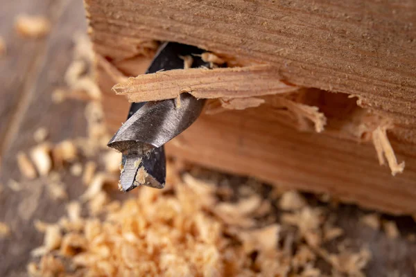 Perforación con una broca en madera. Trabajos pequeños de carpintería en una c —  Fotos de Stock