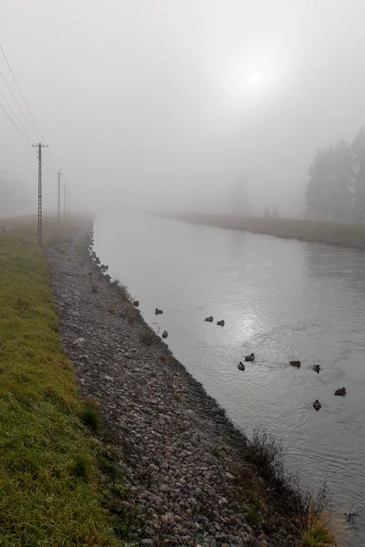 Water channel leading to the power plant in Central Europe. Fog