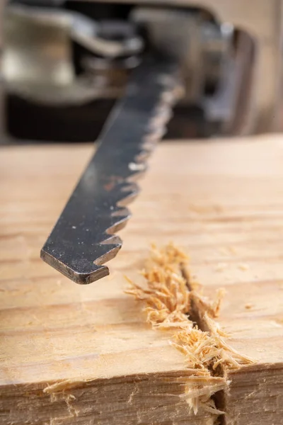 Steel knife of carpentry jigsaws. Tools in a home workshop. — 스톡 사진