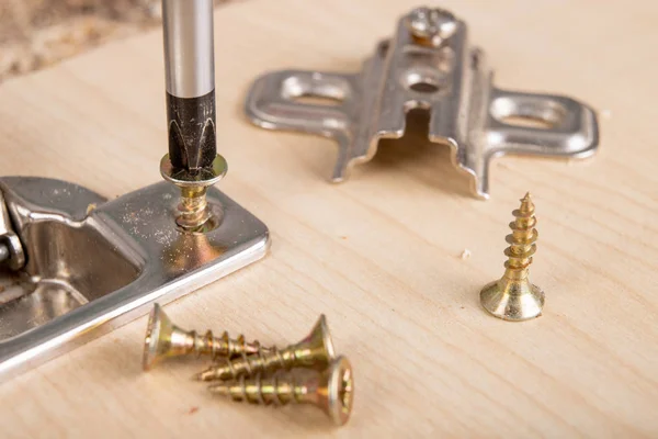 Installation Furniture Hinges Chipboard Small Carpentry Work Workshop Light Background — Stock Photo, Image