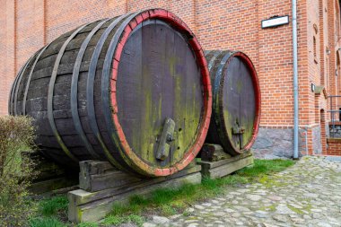 Eski büyük ahşap fıçılar. Şaraphanedeki şarap kapları. Bahar mevsimi.