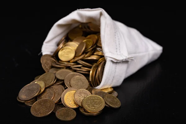Material sack of money. Polish pennies collected in a bag. Dark background.