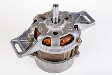 Evdeki aletin elektrikli motoru var. Çamaşır makinesini sürmek için elektrikli bir cihaz. Hafif arkaplan.