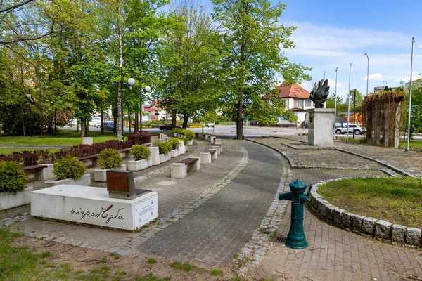 Miastko Pomorskie Lengyelország Május 2020 Park Városháza Egy Kisvárosban Egy — Stock Fotó