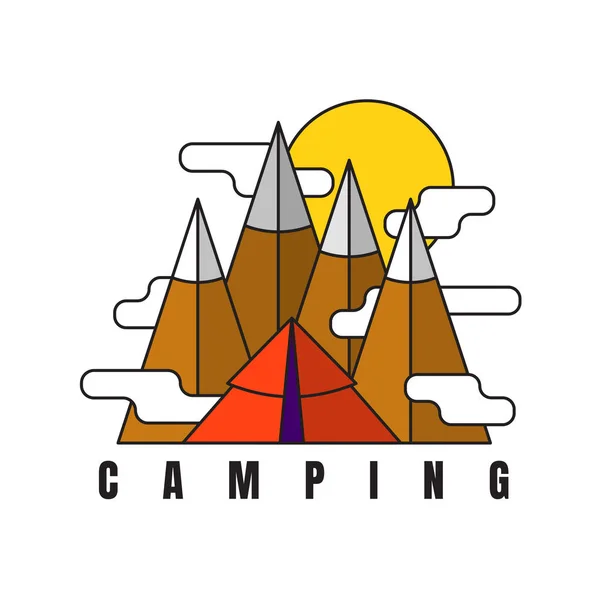 山でのキャンプ。フラット スタイルのベクトルのロゴ。テントとロッキー山脈の背景. — ストックベクタ
