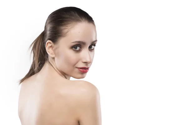 Beauty female portrait with naked shoulders isolated on white — Stock Photo, Image