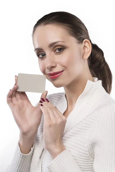 Dziewczyna posiada jasne, na białym tle karty — Zdjęcie stockowe