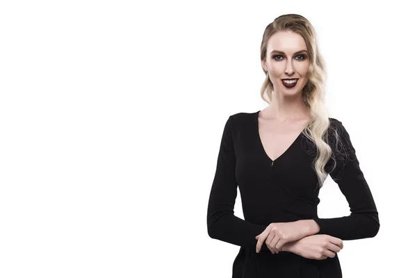 Female portrait in a black dress on a white background — Stock Photo, Image