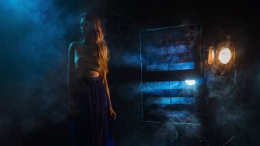 Kızın siluet sis ışık kaynakları arka planı