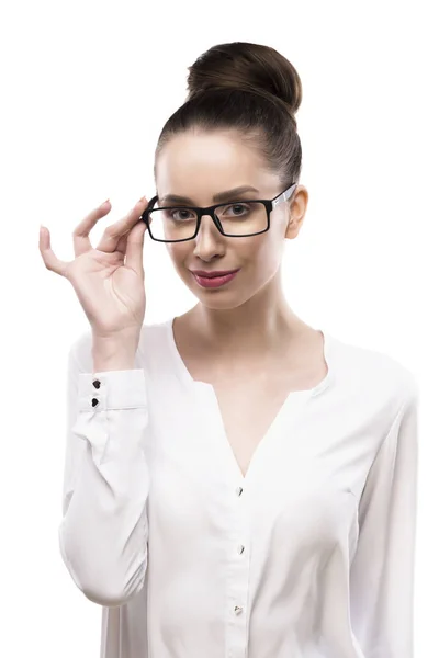 Female portrait in glasses on a white background — Stock Photo, Image