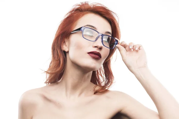 Eyewear glasses woman portrait isolated on white — Stock Photo, Image