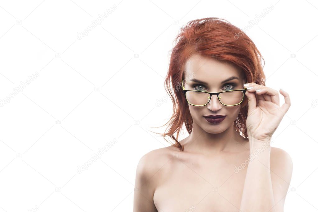 Eyewear glasses woman portrait isolated on white. 