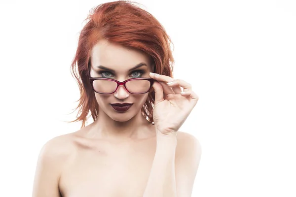 Eyewear glasses woman portrait isolated on white. Spectacle fram — Stock Photo, Image