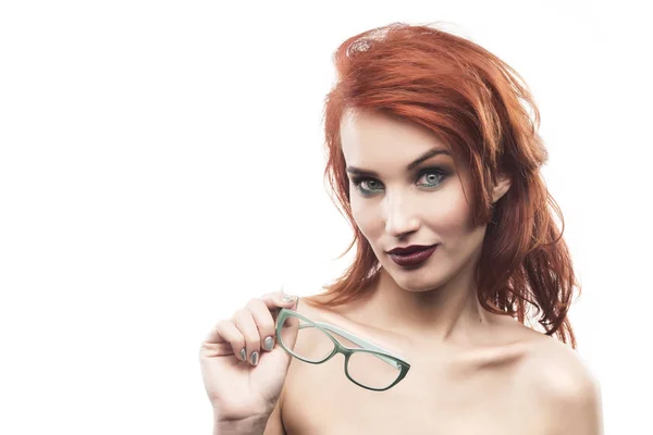 Eyewear glasses woman portrait isolated on white. Spectacle fram — Stock Photo, Image