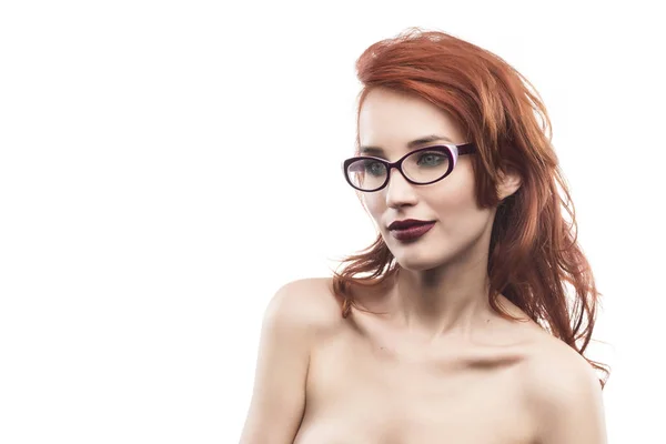 Gafas graduadas mujer retrato aislado en blanco —  Fotos de Stock