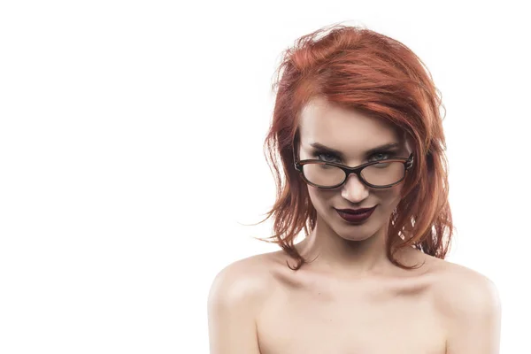 Óculos óculos mulher retrato isolado no branco — Fotografia de Stock