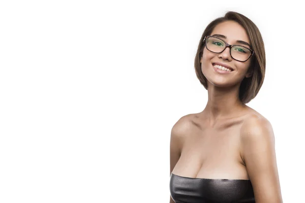 眼鏡メガネの女性肖像画白で隔離 — ストック写真