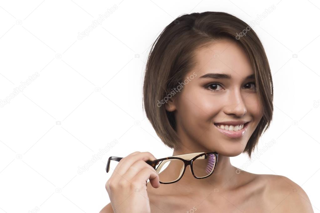 Eyewear glasses woman portrait isolated on white