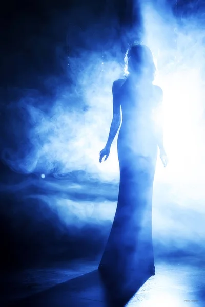 Silueta de la hermosa chica en la niebla azul — Foto de Stock