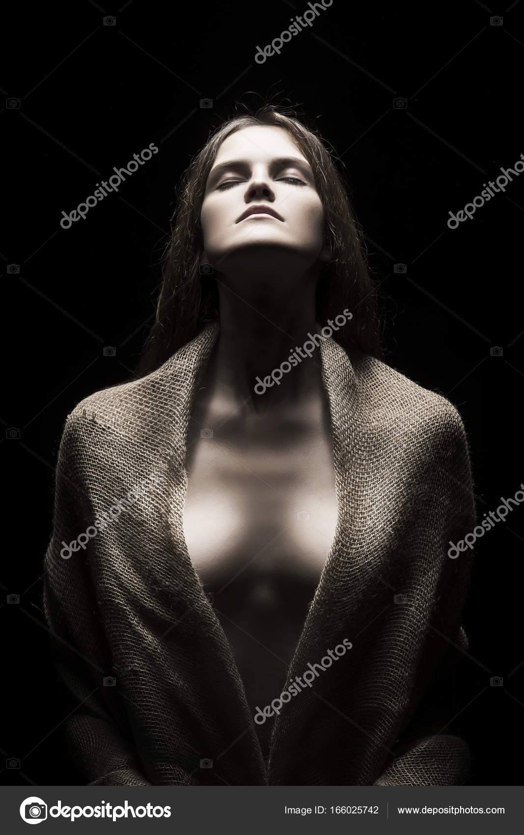 Vintage portrait of naked big breast sensual girl covered ...