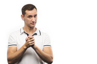 genç adam kendisi beyaz izole ile el sallar