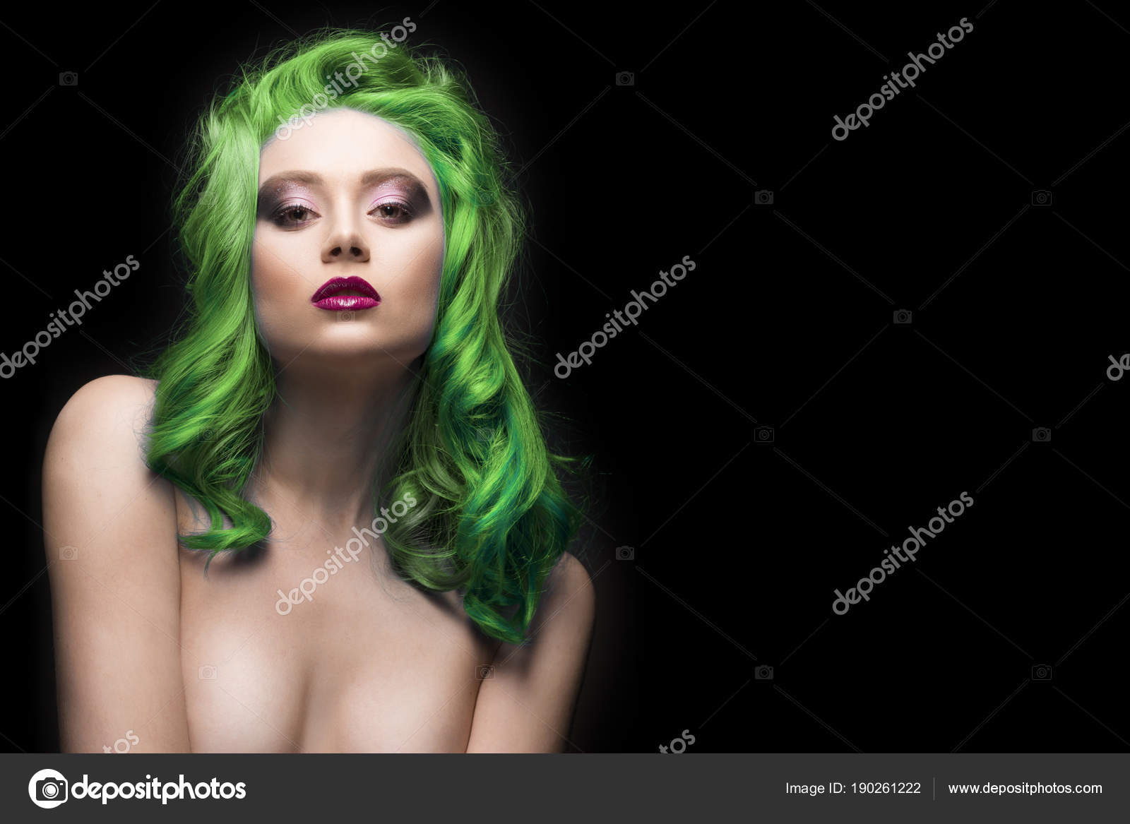 Sensual Portrait Of Beautiful Dyed Green Hair Naked Shoulders Gi Stock Photo Sensual Portrait Of Beautiful Dyed Green Hair Naked Shoulders Gi Stock Photo